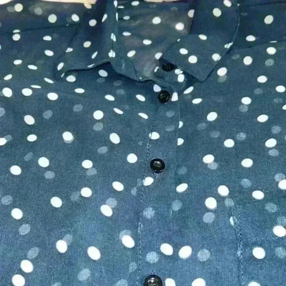 Garage Blue and White Small Polka-Dot Polo Button-Up Blouse, SP - Picture 5 of 7